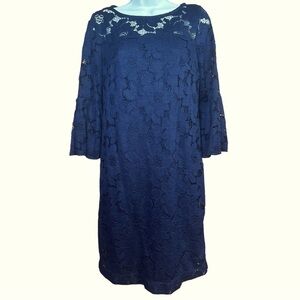 Studio One New York Navy Blue Sheer Lace Bell Sleeve Tunic Shift Zip Back Dress